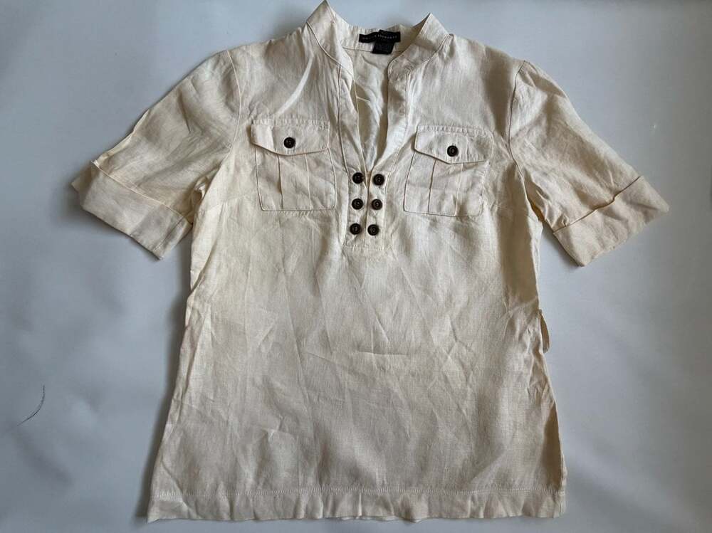 Grace Elements Womens Beige Short Sleeve Pocket Henley Top Size 4